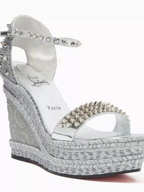 Christian Louboutin Madmonica 120 Silver SpikedWedge Sandals CL Monogram Leather